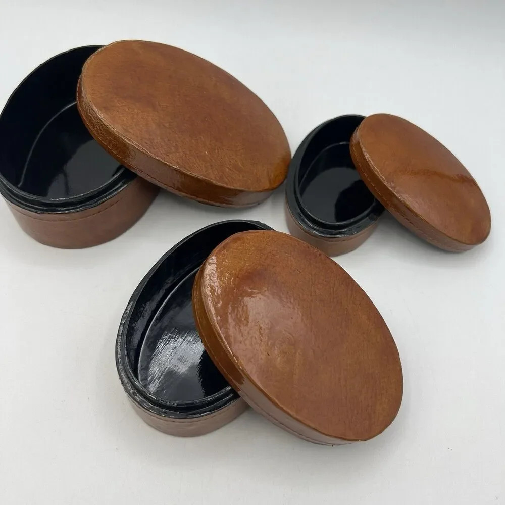 Set 3 Brown Oval Lacquer Nesting Trinket Boxes 5.25